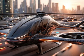A futuristic flying car, air taxi, drone taxi concept with city background, featuring sleek carbon fiber design and advanced technology for urban air mobility.