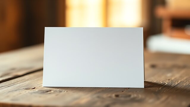 Blank greeting card resting on a rustic wooden surface with warm ambient light.