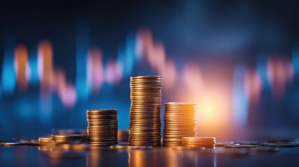 Stacks of coins are arranged in ascending order with a blurred financial chart background and glowing light