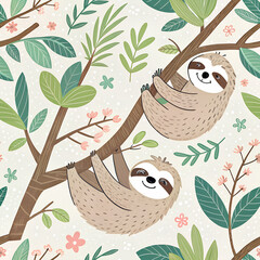 Sweet sloths hugging tree branches, smiling faces, soft color seamless pattern.
