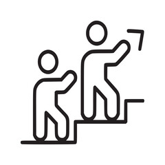 Two stick figures climbing stairs with one pointing to an arrow on a white background in line art
