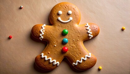 Smiling gingerbread man cookie with red and green buttons and white icing on parchment with candy accents
