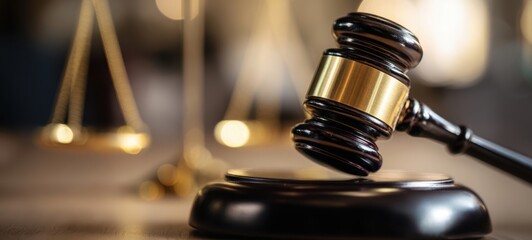 The gavel symbolizes authority and justice in a courtroom setting