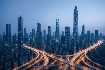 Modern Cityscape at Dusk: High-Rise Buildings and Illuminated Highways in a Thriving Metropolis
