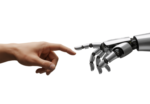 Professional businesswoman in a formal suit sitting at a modern desk and diligently working on a laptop, isolated on white.