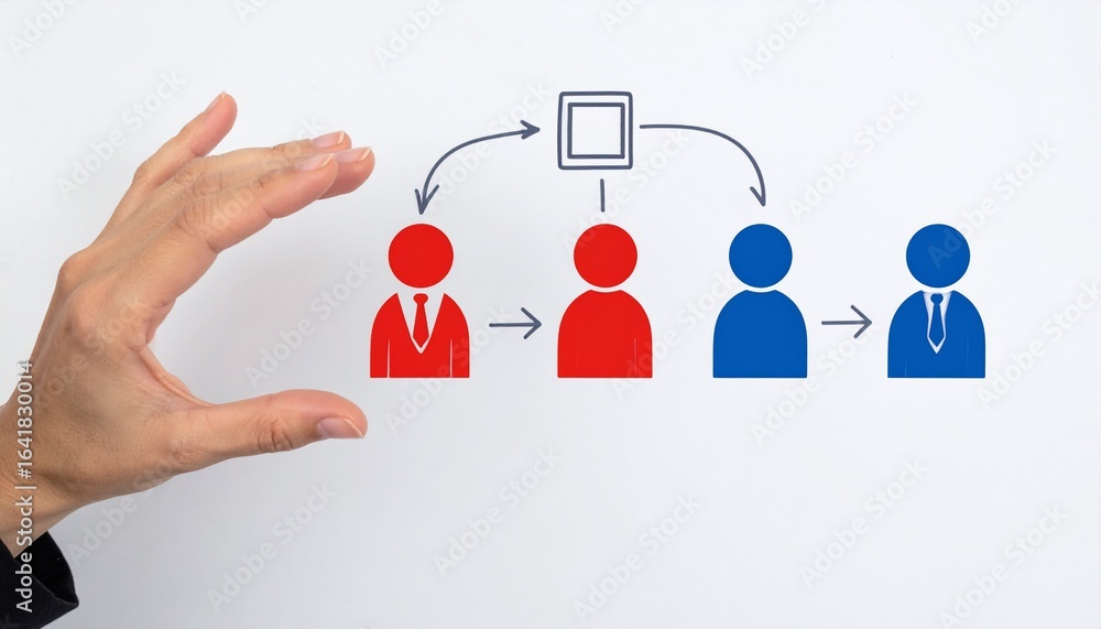 Poster a hand reaching to a business workflow chart, symbolizing management and hierarchy