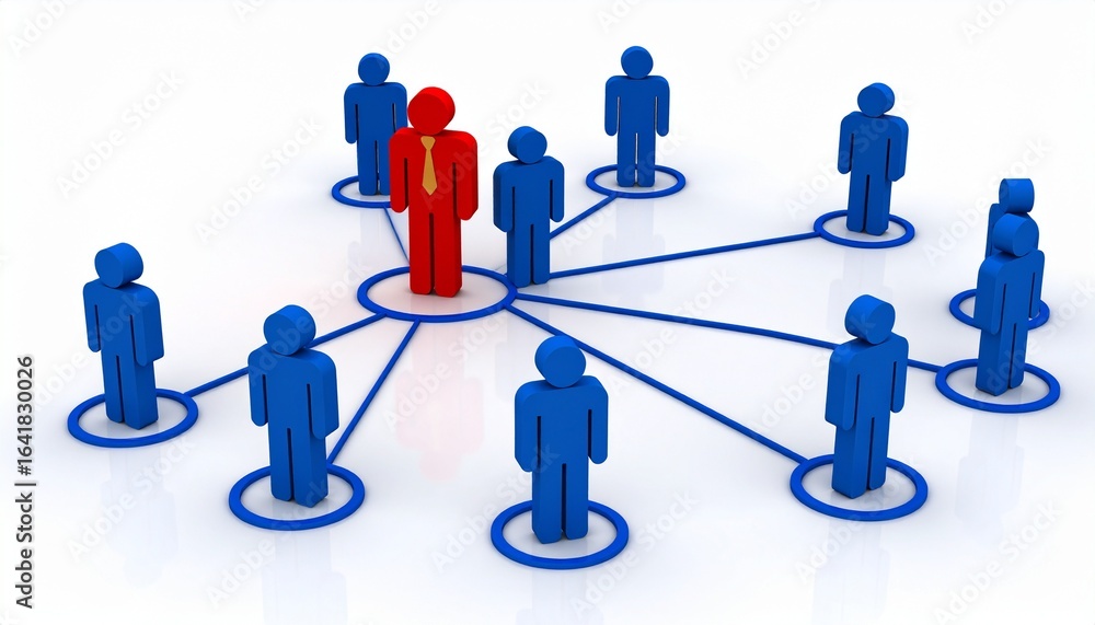 Poster a depiction of a network structure of leadership, with a red figure in the center and blue figures l