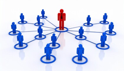 A red figure stands out, connected with multiple blue figures, symbolizing network and business