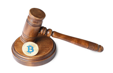 Cryptocurrency. Bitcoin and judge's gavel isolated on white