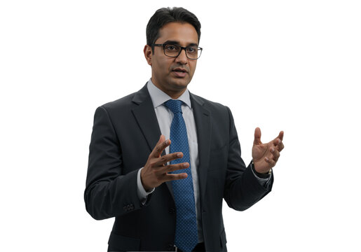 A professional Caucasian businessman in a suit and glasses gesturing emphatically while speaking during a presentation, isolated. - Powered by Adobe