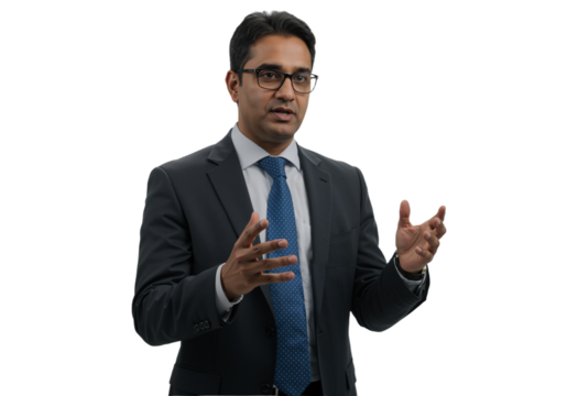 A professional Caucasian businessman in a suit and glasses gesturing emphatically while speaking during a presentation, isolated.