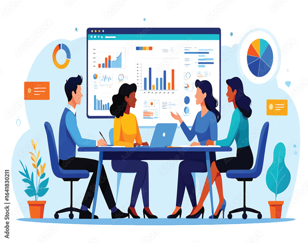 Poster business team collaborating on data analysis and strategy planning with a digital dashboard presenta