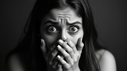 Fototapeta premium Monochrome Portrait of Shocked and Scared Woman