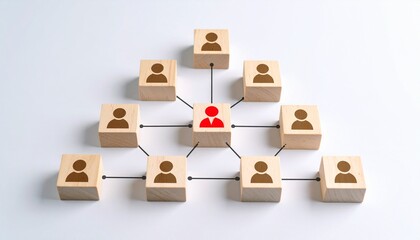 An organizational chart depicting a hierarchical structure with wooden blocks featuring human icons, illustrating a concept of leadership and teamwork.