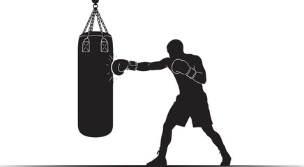 Silhouette of a boxer hitting a punching bag, black and white illustration.