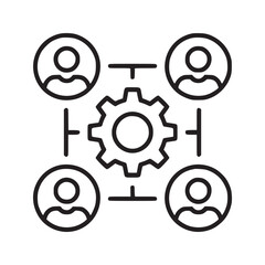 Illustration of four people connected to a gear representing teamwork and collaboration process