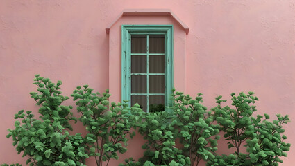 Pastel Pink Wall with Teal Window and Green Bushes