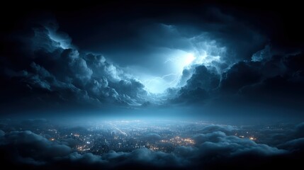 Fototapeta premium A dramatic thunderstorm illuminates a cityscape at night, with lightning breaking through dense, swirling clouds above glowing city lights