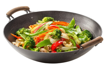 Stir fry vegetables in a wok with broccoli carrots peppers and snow peas isolated on a transparent background