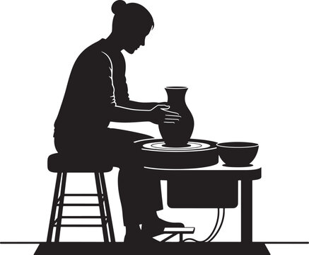 Silhouette of a potter shaping clay on a pottery wheel.