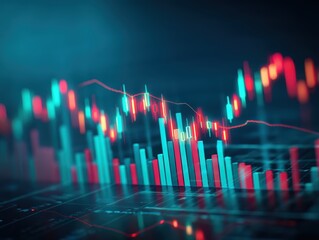 Colorful bar and line chart showing financial data analysis and market trends with a glowing, futuristic effect