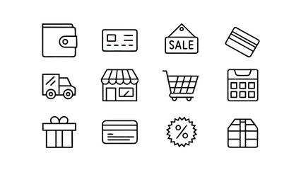 Vector art of collection of shopping and commerce icons including a wallet, credit card, sale sign, shopping cart, gift box, and delivery truck, isolated