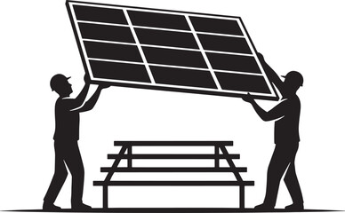 Two workers carrying a solar panel near a picnic table