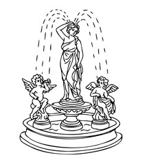 Hand-drawn doodle fountain in baroque style with statues.