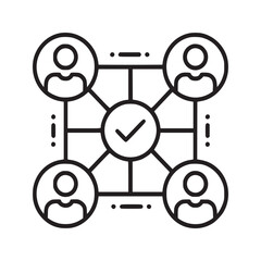 A network of four people connected to a central node with a check mark in a black and white icon