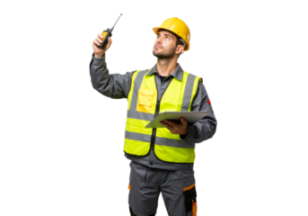 Construction Worker Communicating with Radio, Ensuring Site Safety and Efficiency