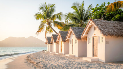 Fototapeta premium A serene beachfront scene with four white beach huts with thatched palm roof structures lined up along a pristine shoreline.