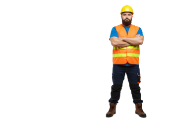Confident bearded construction worker in a safety vest and hard hat standing with arms crossed on a white background with copy space.