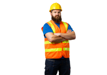 A professional bearded construction worker in a hard hat and safety vest poses confidently with arms crossed, isolated on a white background.