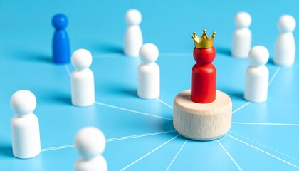 A metaphor for leadership, highlighting a red figure with a crown representing leadership, surrounded by other figures
