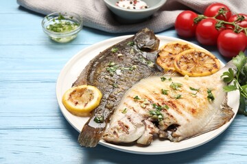 Tasty roasted flounder fish with herbs, lemon slices and tomatoes on light blue wooden table, closeup. Homemade seafood dish