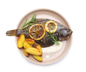 Tasty roasted flounder fish with rosemary, potato and lemon slices isolated on white, top view. Homemade seafood dish