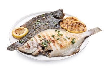 Tasty roasted flounder fish with herbs and lemon slices isolated on white. Homemade seafood dish