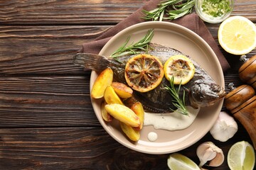 Homemade seafood dish. Tasty roasted flounder fish with rosemary, potato and lemon slices on wooden table, flat lay. Space for text