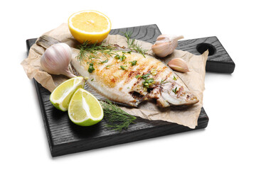 Tasty roasted flounder fish with spices isolated on white. Homemade seafood dish