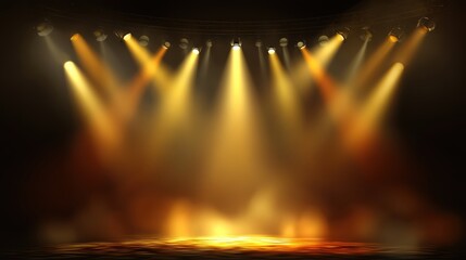 Bright stage lights illuminate an empty stage with a dramatic, golden glow, creating a sense of anticipation and focus