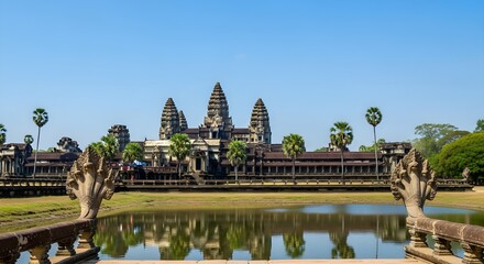 Angkor Wat's Majestic Reflection: Serpentine Bridge and Ancient Khmer Temple under a Vivid Blue Sky