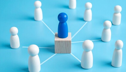 A visual representation of leadership and interconnectedness, with a blue figure at the center and white figures arranged around it