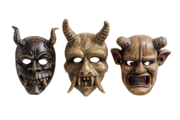 Three demonic masks with horns and fangs on black background isolated on a transparent background devil