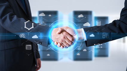 Business Handshake with Glowing Digital Technology Overlay representing Successful Partnership and Secure Data Integration