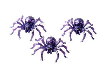 Three purple glitter spiders arranged on black background isolated on a transparent background arachnid