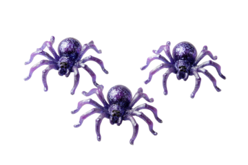 Three purple glitter spiders arranged on black background isolated on a transparent background arachnid