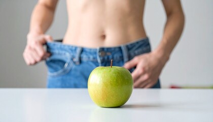 A healthy lifestyle: a person shows off the progress by wearing a looser pair of jeans, with an apple symbolizing a balanced diet