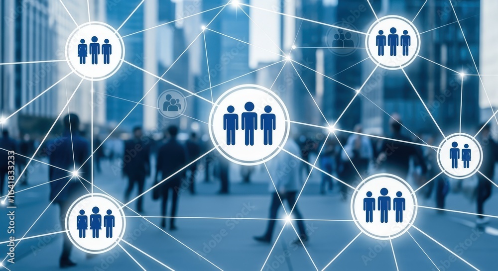 Aufkleber global network connection: people and technology concept with cityscape background, representing com