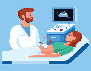 Ultrasound Examination Doctor and Patient Vector Illustration