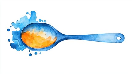 A vibrant watercolor illustration of a blue spoon with colorful splashes, perfect for culinary designs.